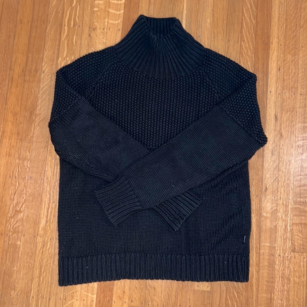 Burberry black cashmere fisherman style funnel neck sweater, contrast purl knit